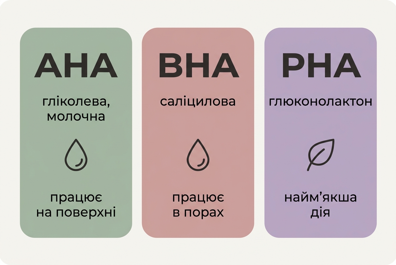 Сравнение кислот AHA, BHA и PHA для лица: растворимость, глубина действия и тип кожи