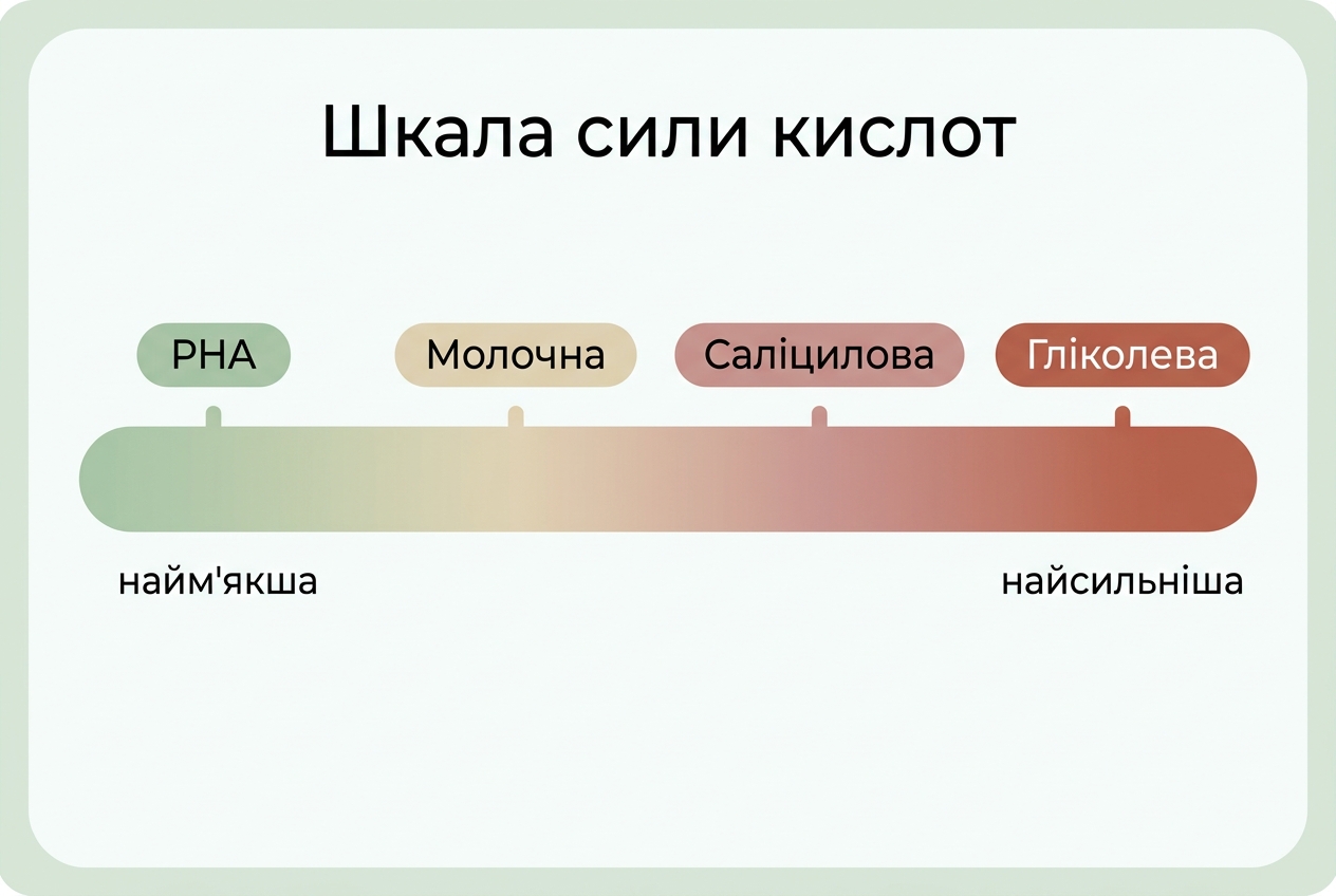 Шкала силы кислот для лица от самой мягкой PHA до профессиональных пилингов