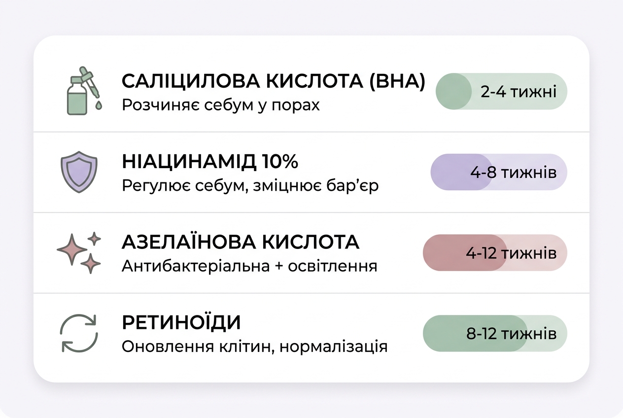 Інфографіка: чотири інгредієнти проти акне у дорослих — саліцилова кислота, ніацинамід, азелаїнова кислота, ретиноїди