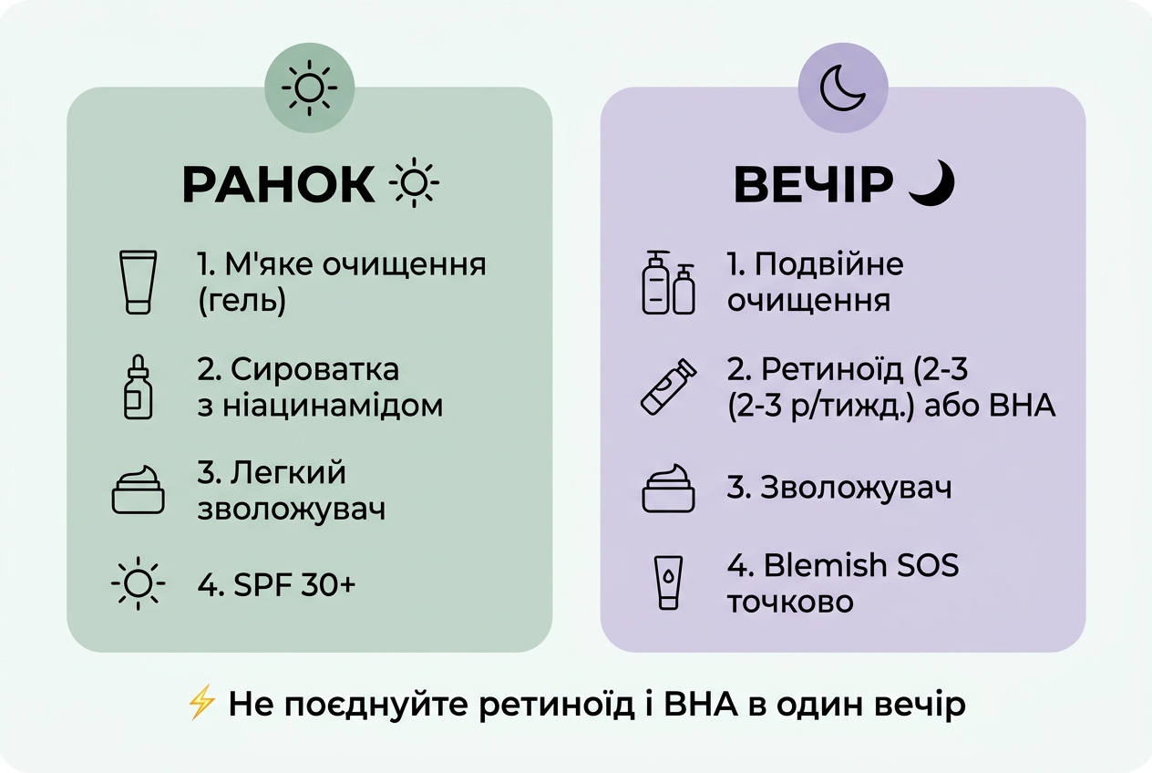 Схема ранкового та вечірнього догляду при акне у дорослих — покрокові кроки