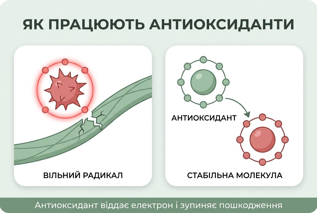 Схема действия антиоксидантов: нейтрализация свободных радикалов в коже