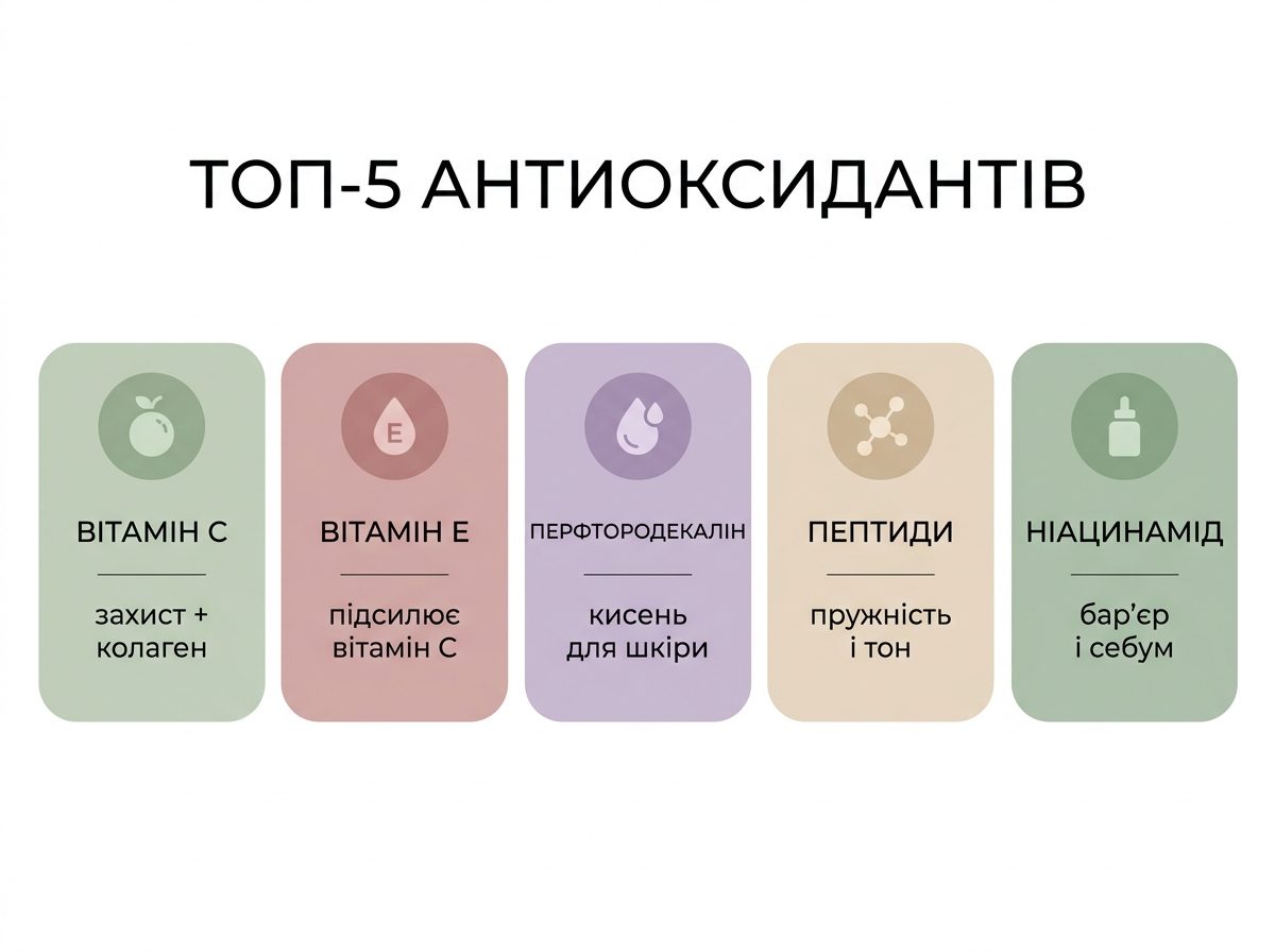 Сравнение топ-5 антиоксидантов для кожи: витамин С, Е, перфтородекалин, пептиды, ниацинамид