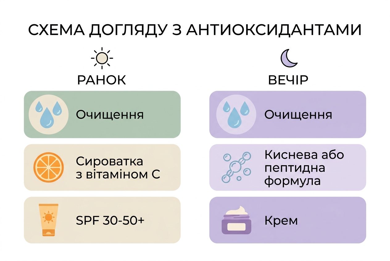 Утренняя и вечерняя схема ухода с антиоксидантами и солнцезащитой