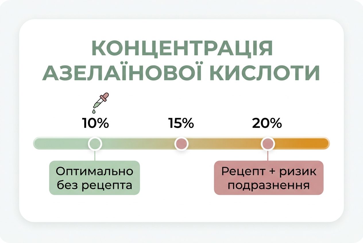 Шкала концентрацій азелаїнової кислоти від 10 до 20 відсотків з рівнями ризику подразнення