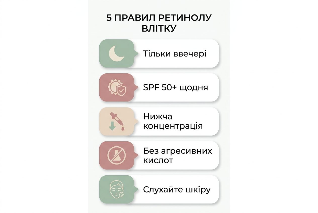 Инфографика: 5 правил использования ретинола летом — только вечером, SPF 50+ ежедневно, ниже концентрация, без агрессивных кислот, слушайте кожу