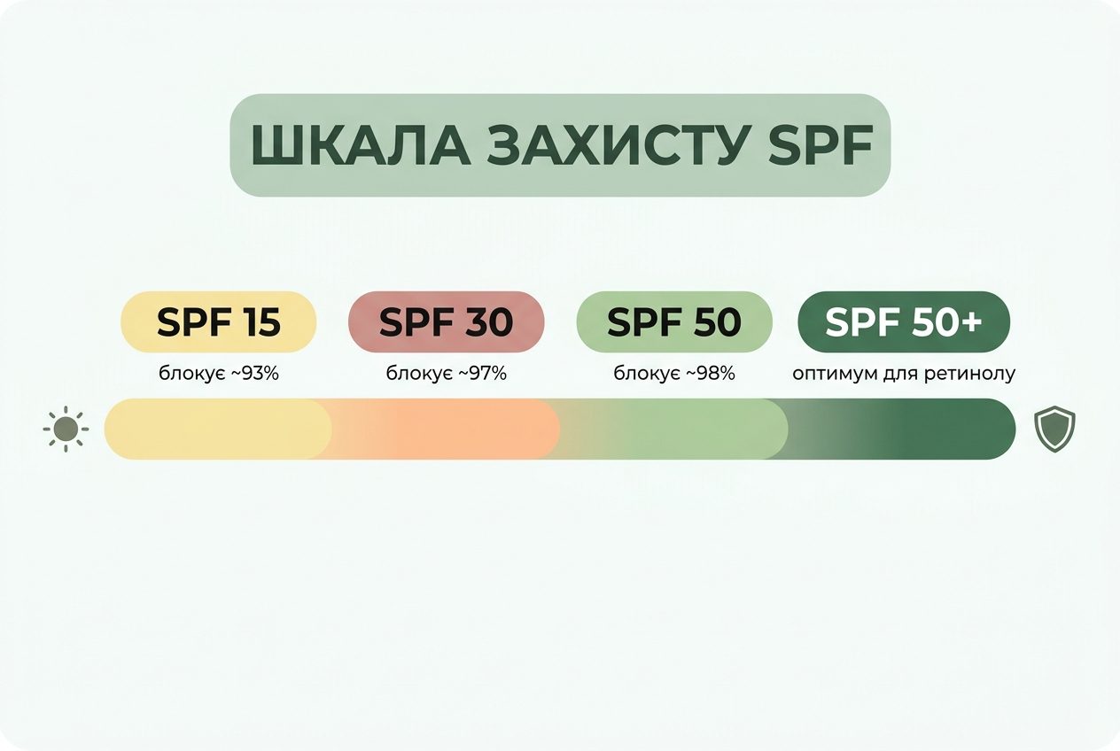 Шкала солнцезащиты SPF: уровень блокировки UVB от SPF 15 до SPF 50 с цветовыми зонами