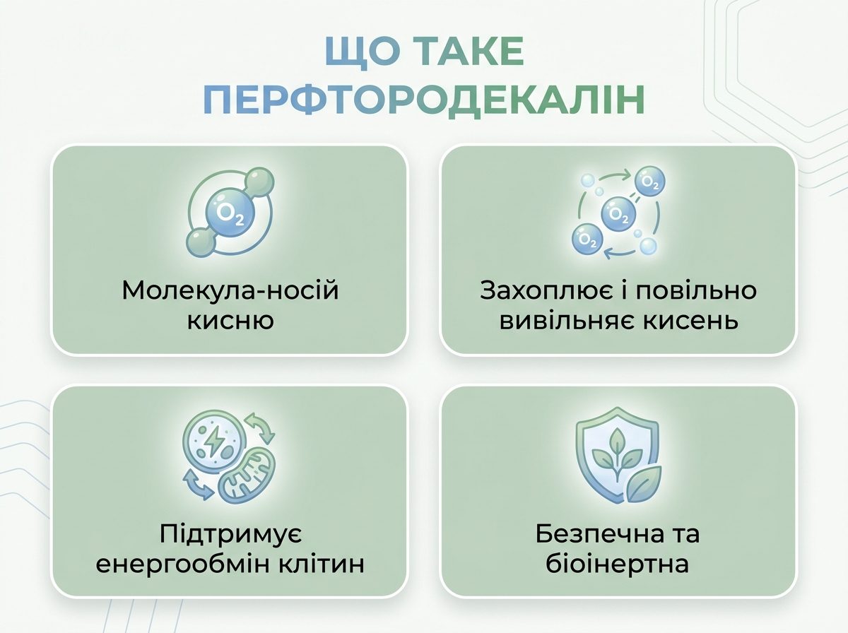Инфографика о перфтордекалине: молекула-носитель кислорода, которая захватывает и медленно высвобождает кислород для энергообмена клеток