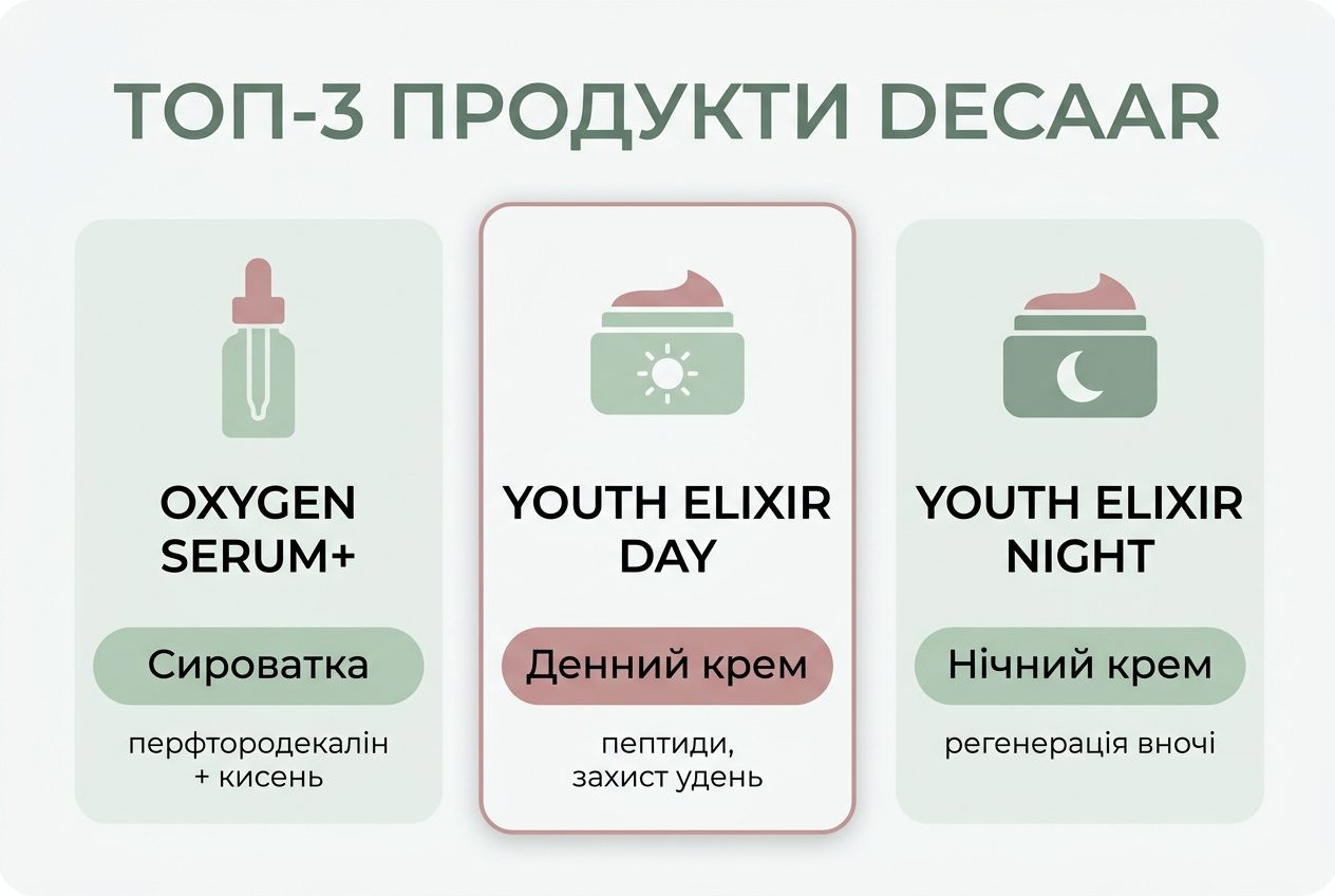 Сравнение трёх продуктов Décaar: Oxygen Serum+, Youth Elixir дневной и ночной крем