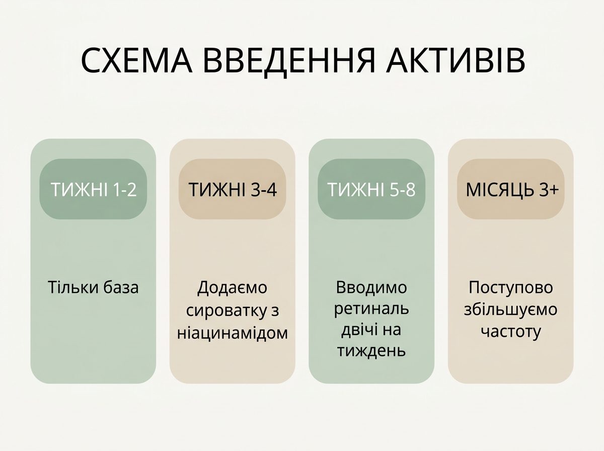 График введения активов в уход по неделям: база, затем сыворотка, затем ретиналь