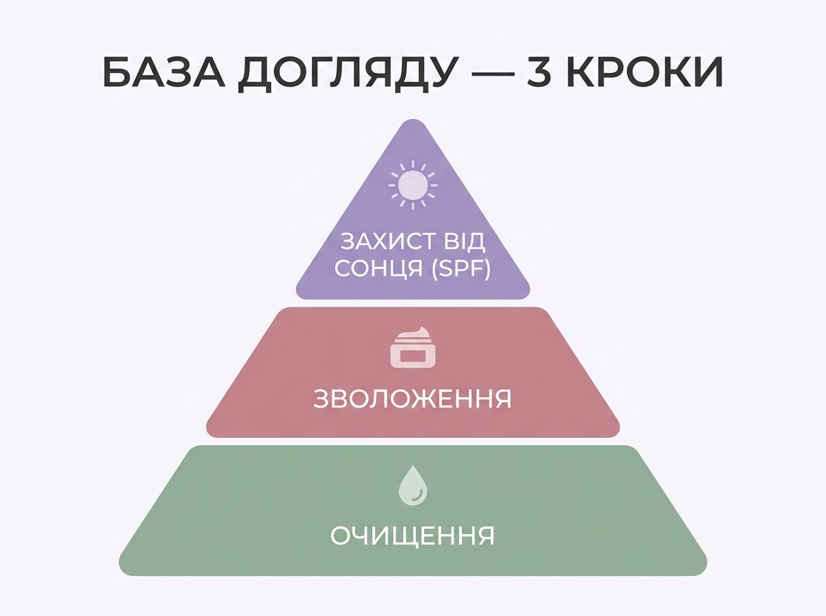 Инфографика-пирамида: база ухода из трёх шагов — очищение, увлажнение, SPF