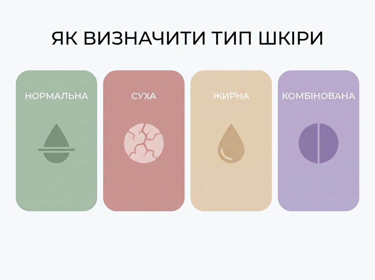 Инфографика: четыре типа кожи — нормальная, сухая, жирная, комбинированная