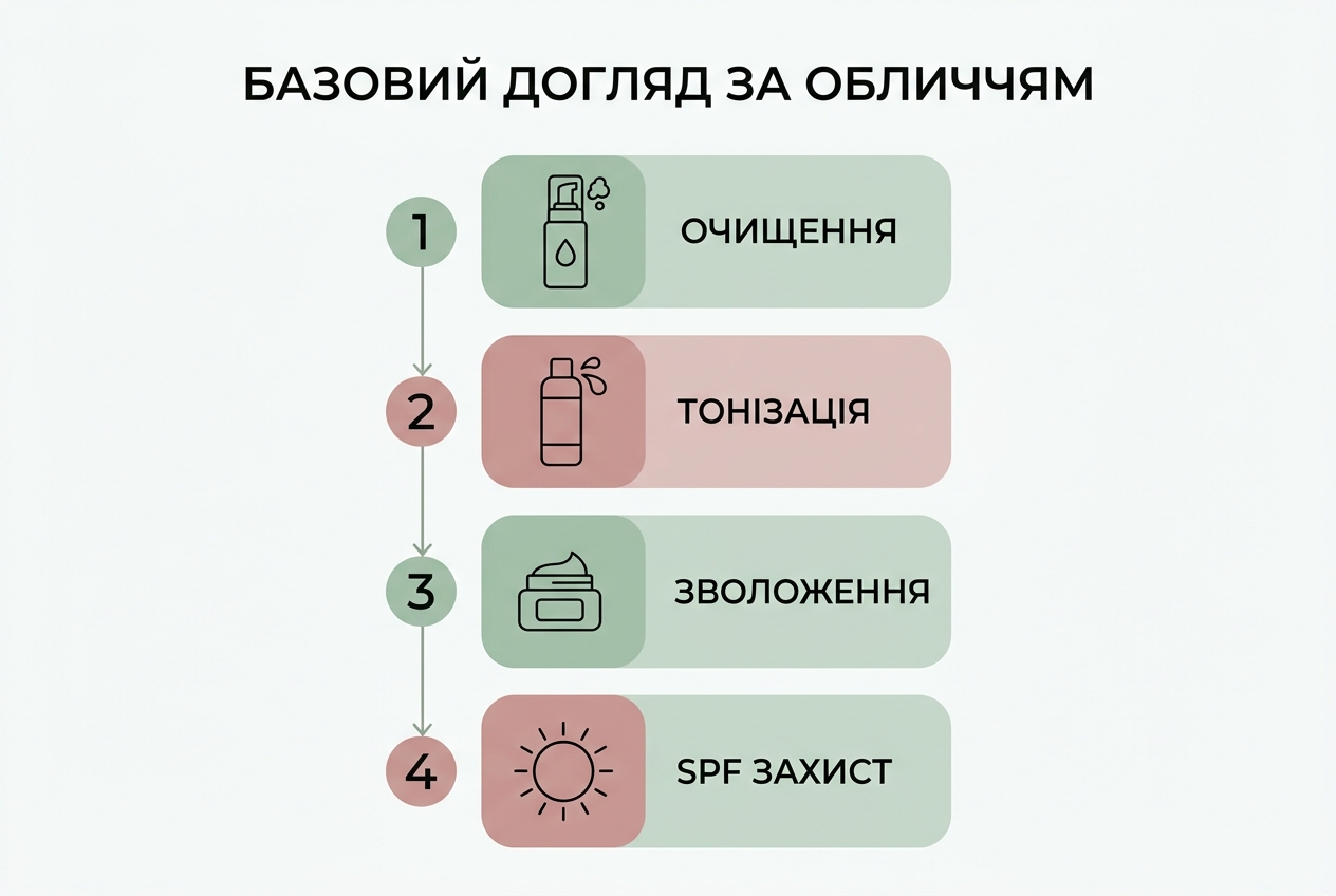 Інфографіка: 4 базові кроки догляду за обличчям — очищення, тонізація, зволоження, SPF
