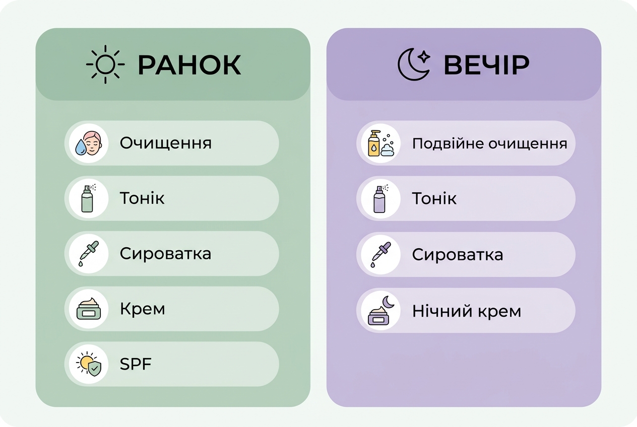 Інфографіка: правильний порядок нанесення засобів — ранкова та вечірня схема догляду за обличчям