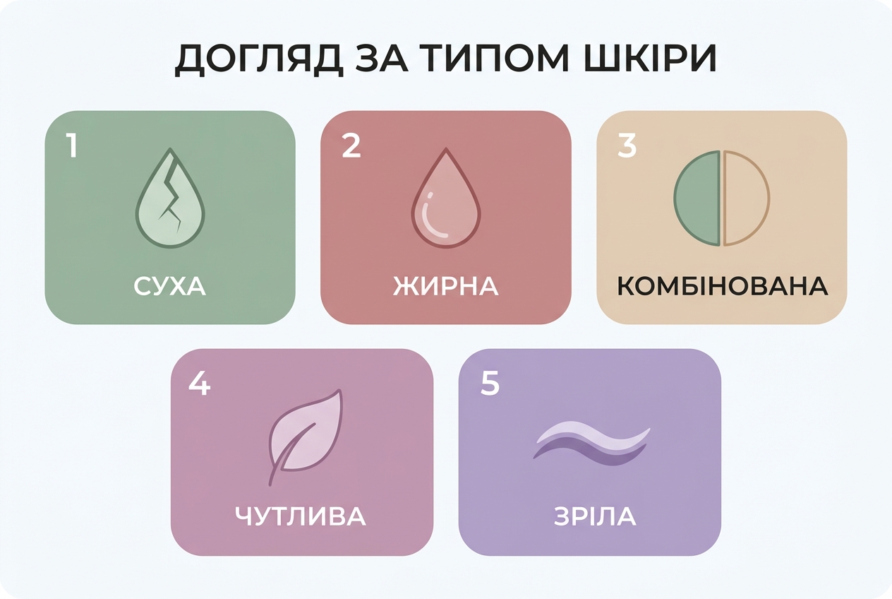 Інфографіка: догляд за обличчям для різних типів шкіри — суха, жирна, комбінована, чутлива, зріла