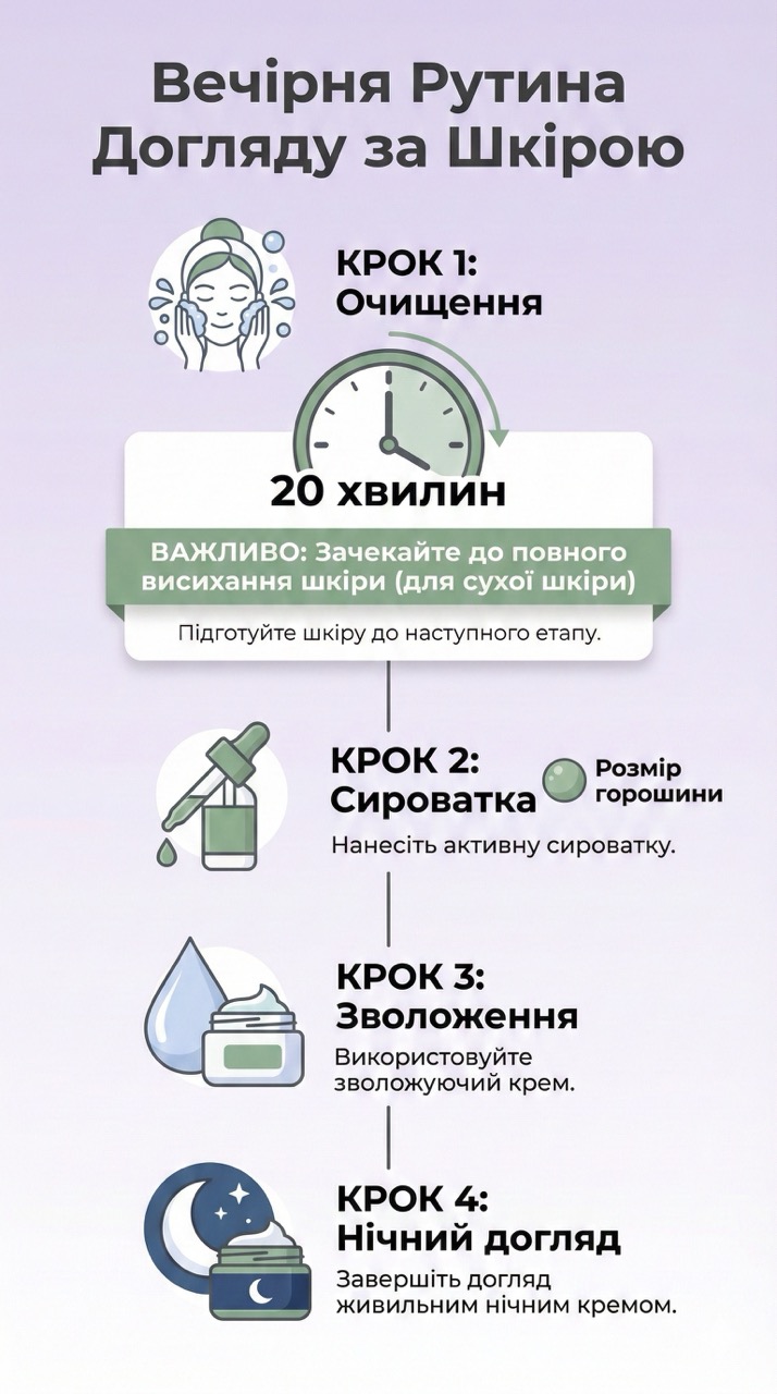 Покроковий вечірній догляд з ретинолом: очищення, зволоження, сироватка з ретинолом, крем