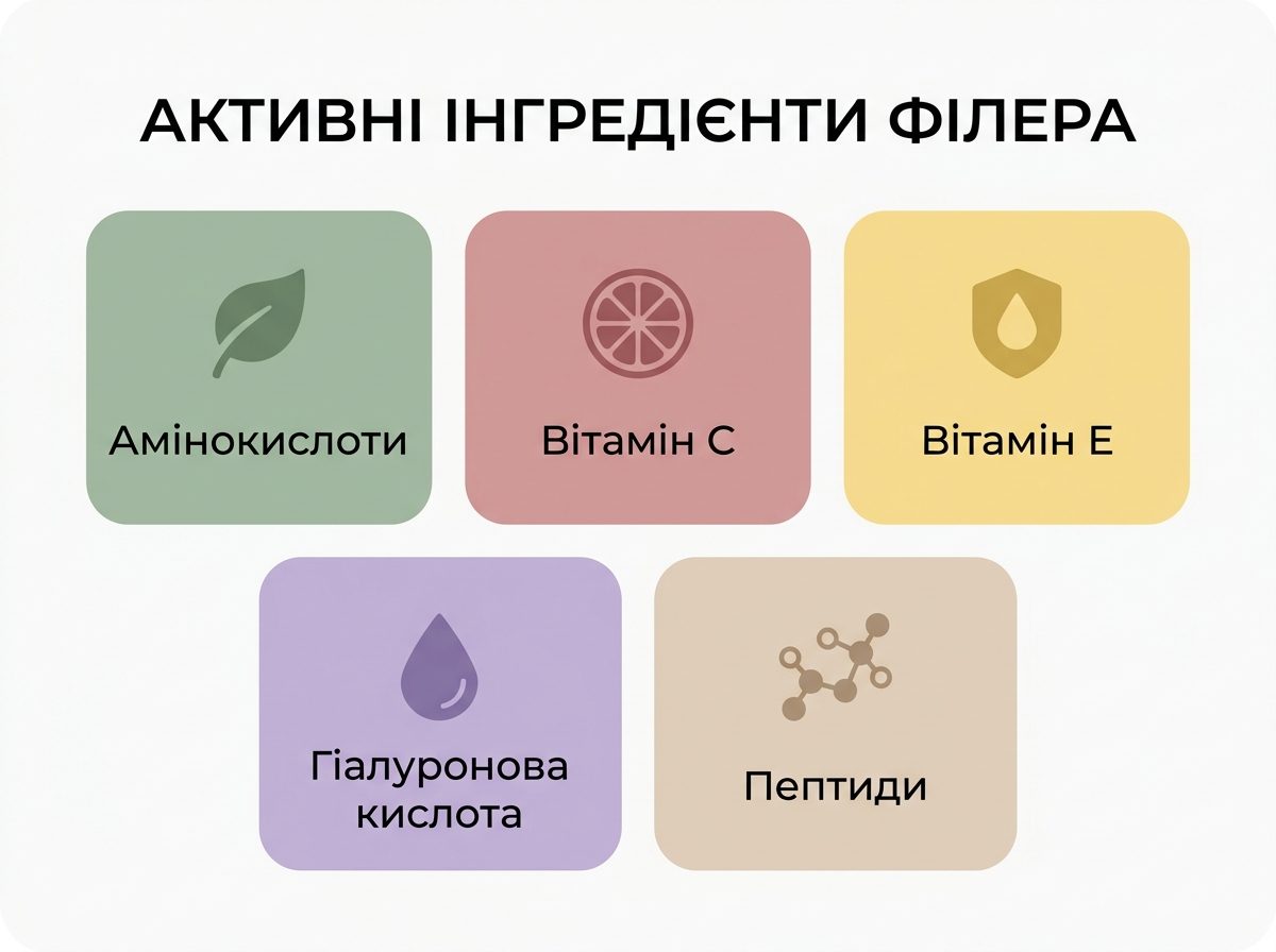 Інфографіка з активними інгредієнтами сироваток-філерів: амінокислоти, вітамін С, вітамін Е, гіалуронова кислота, пептиди