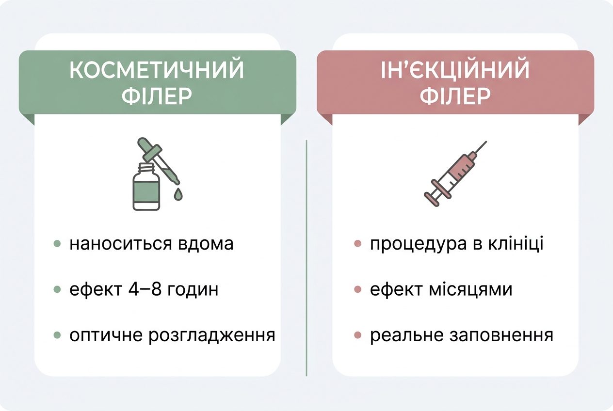 Інфографіка-порівняння косметичного філера та ін'єкційного філера: ефект, тривалість, де застосовують