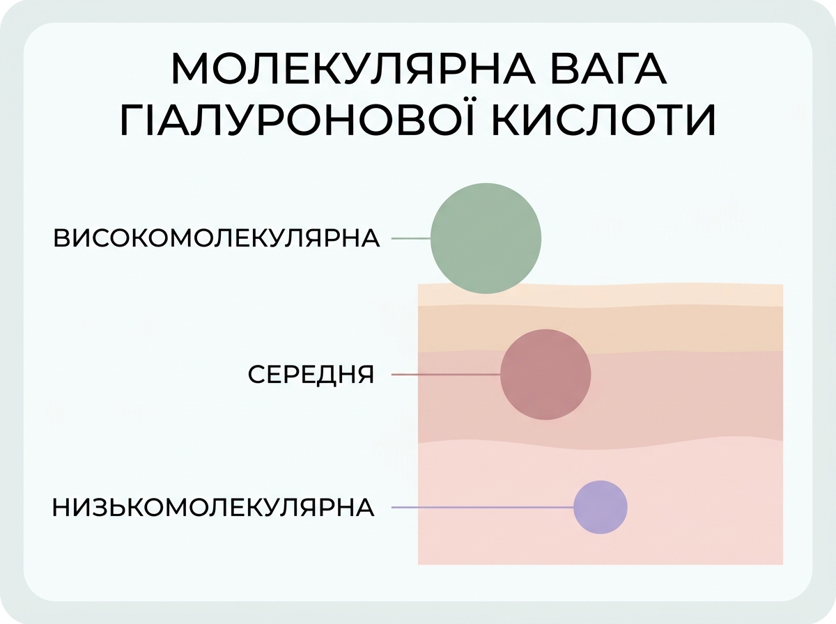 Інфографіка: молекулярна вага гіалуронової кислоти — високомолекулярна на поверхні, низькомолекулярна глибше
