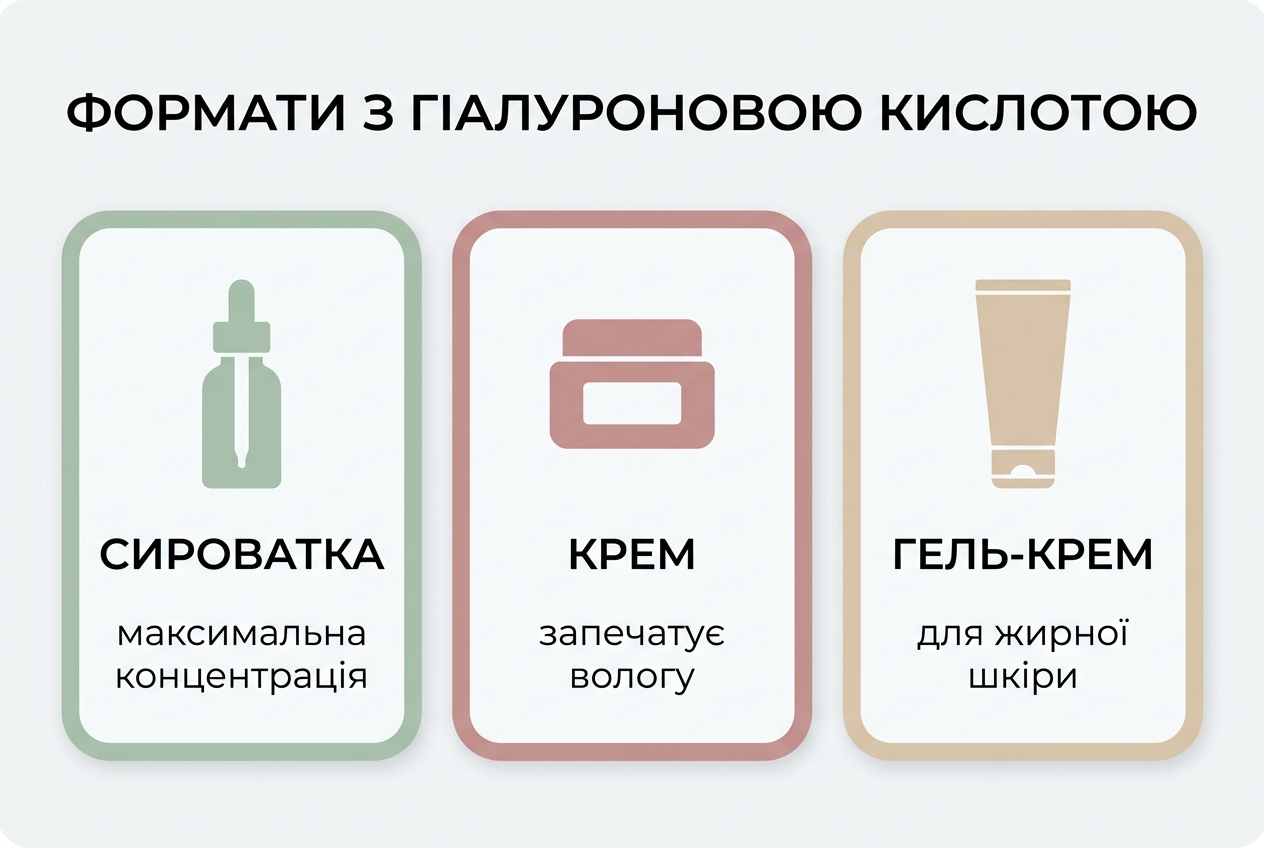 Інфографіка: типи продуктів з гіалуроновою кислотою — сироватка, крем, гель-крем