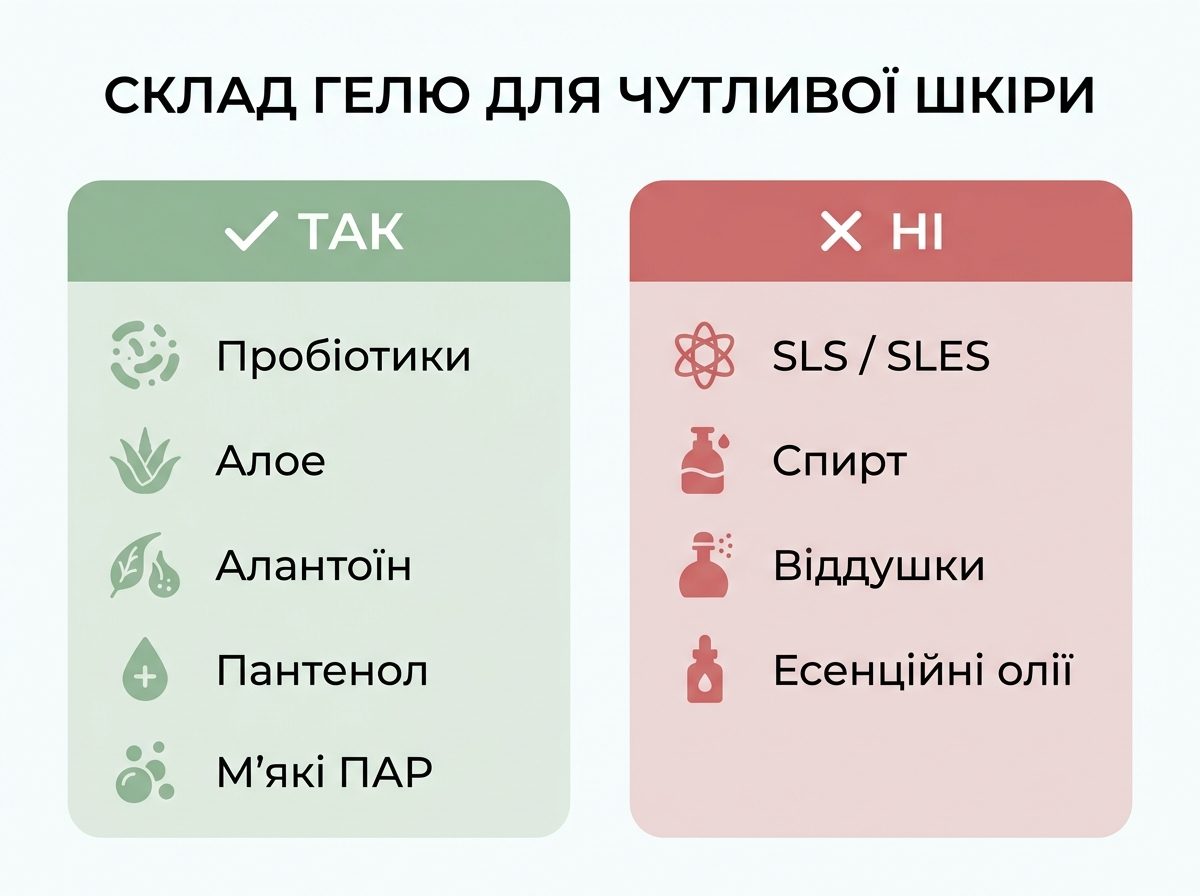 Корисні та небажані інгредієнти у гелі для вмивання чутливої шкіри