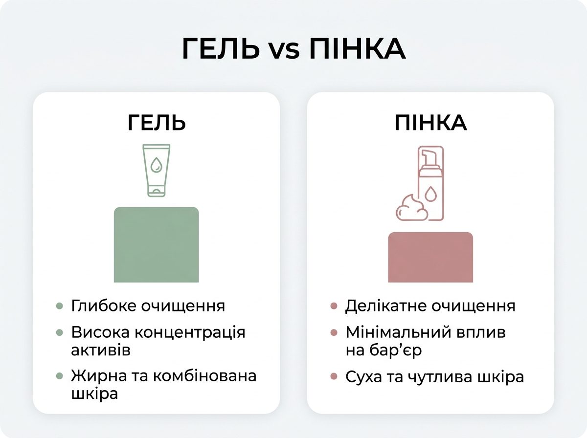 Инфографика сравнения геля и пенки для умывания по текстуре, очищению и типу кожи