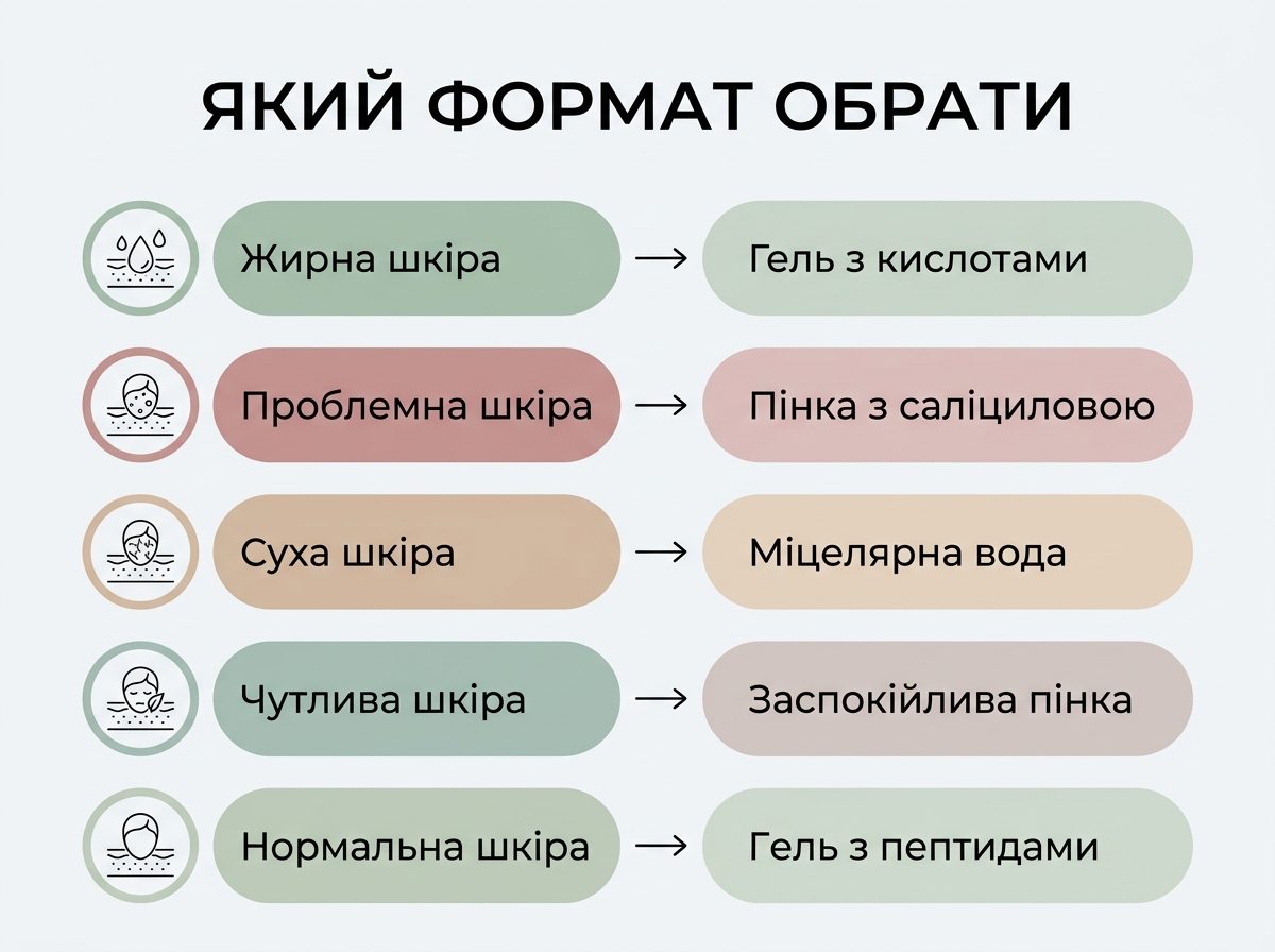 Инфографика с рекомендациями геля или пенки для умывания в зависимости от типа кожи