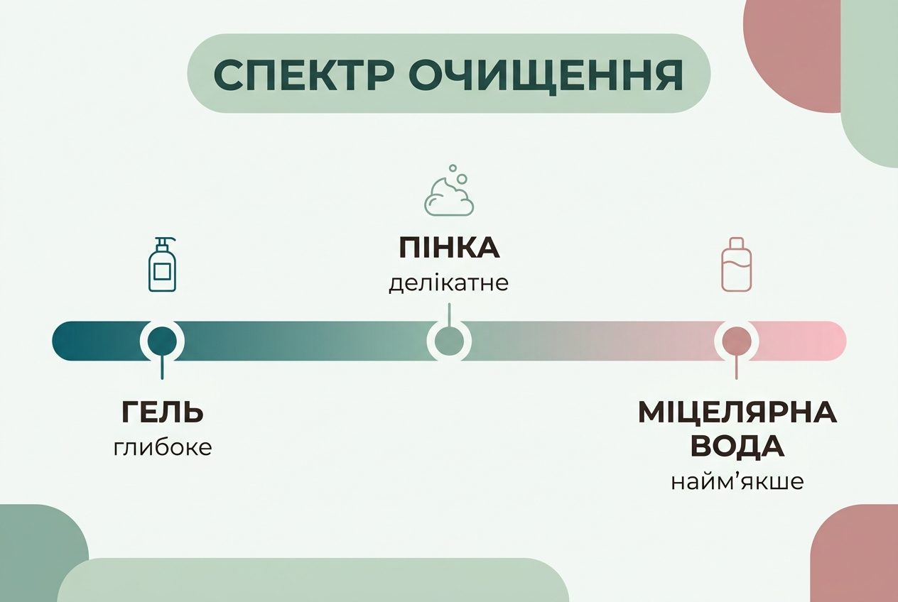 Шкала текстур очищающих средств от плотного геля до воздушной пенки и мицеллярной воды