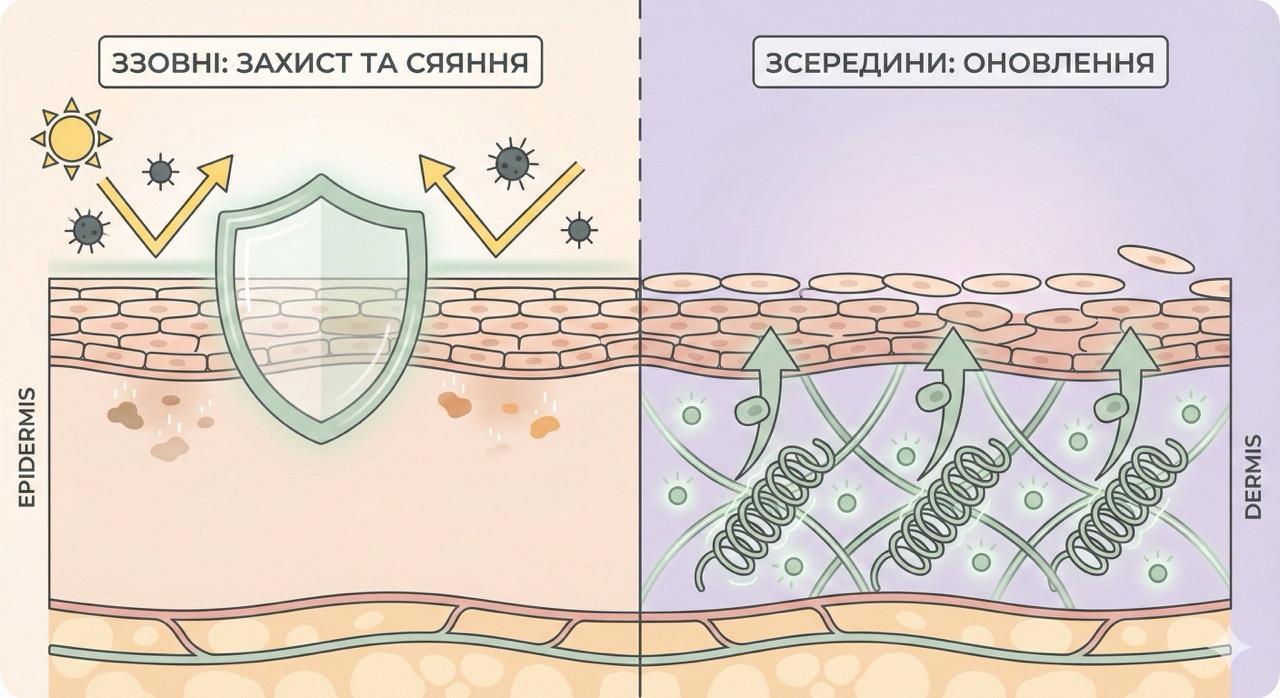 Механізм дії: вітамін С блокує оксидативний стрес та пігментацію, ретинол стимулює колаген і оновлення клітин