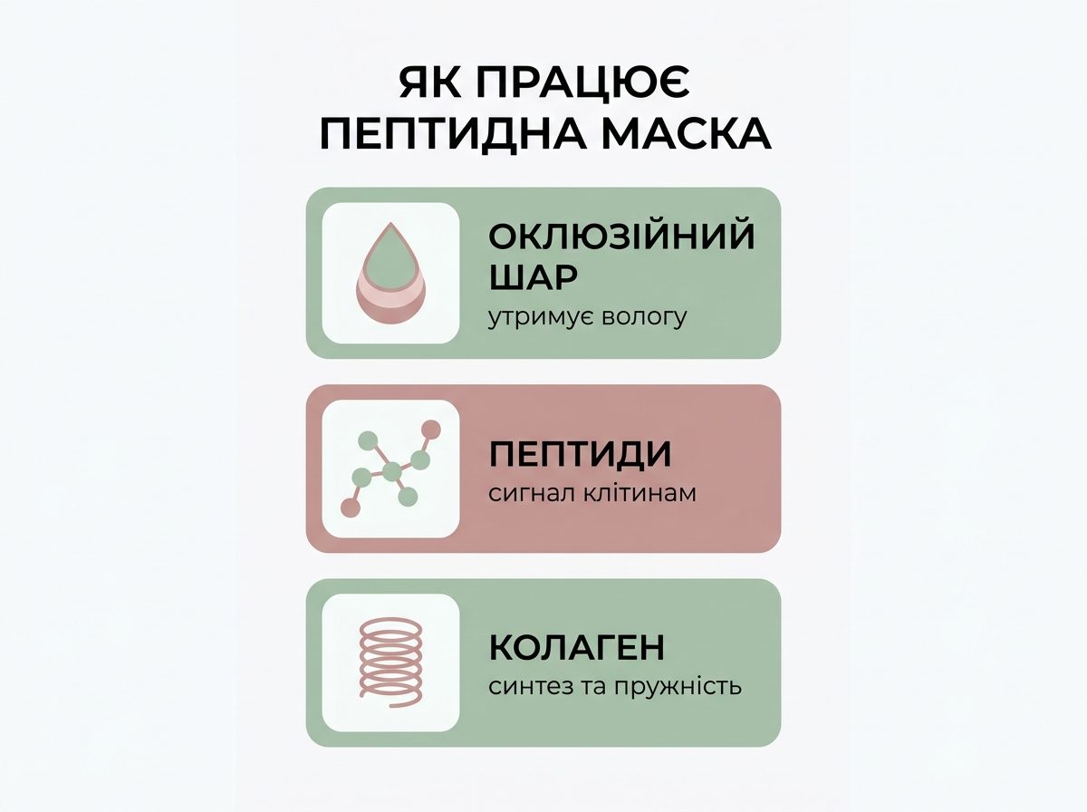 Інфографіка: як працює пептидна маска — сигнальні пептиди, гідрогелева оклюзія та стимуляція колагену