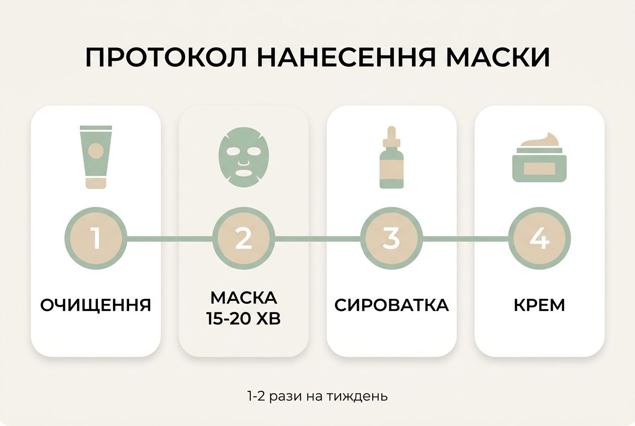 Інфографіка: протокол нанесення пептидної маски — очищення, маска 15-20 хвилин, сироватка, крем