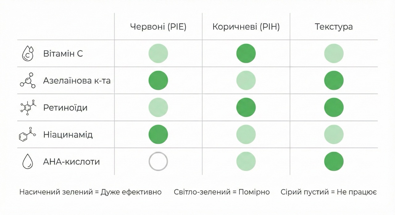 Порівняльна таблиця топ-5 інгредієнтів від постакне: ніацинамід, вітамін С, ретинол, азелаїнова та транексамова кислота