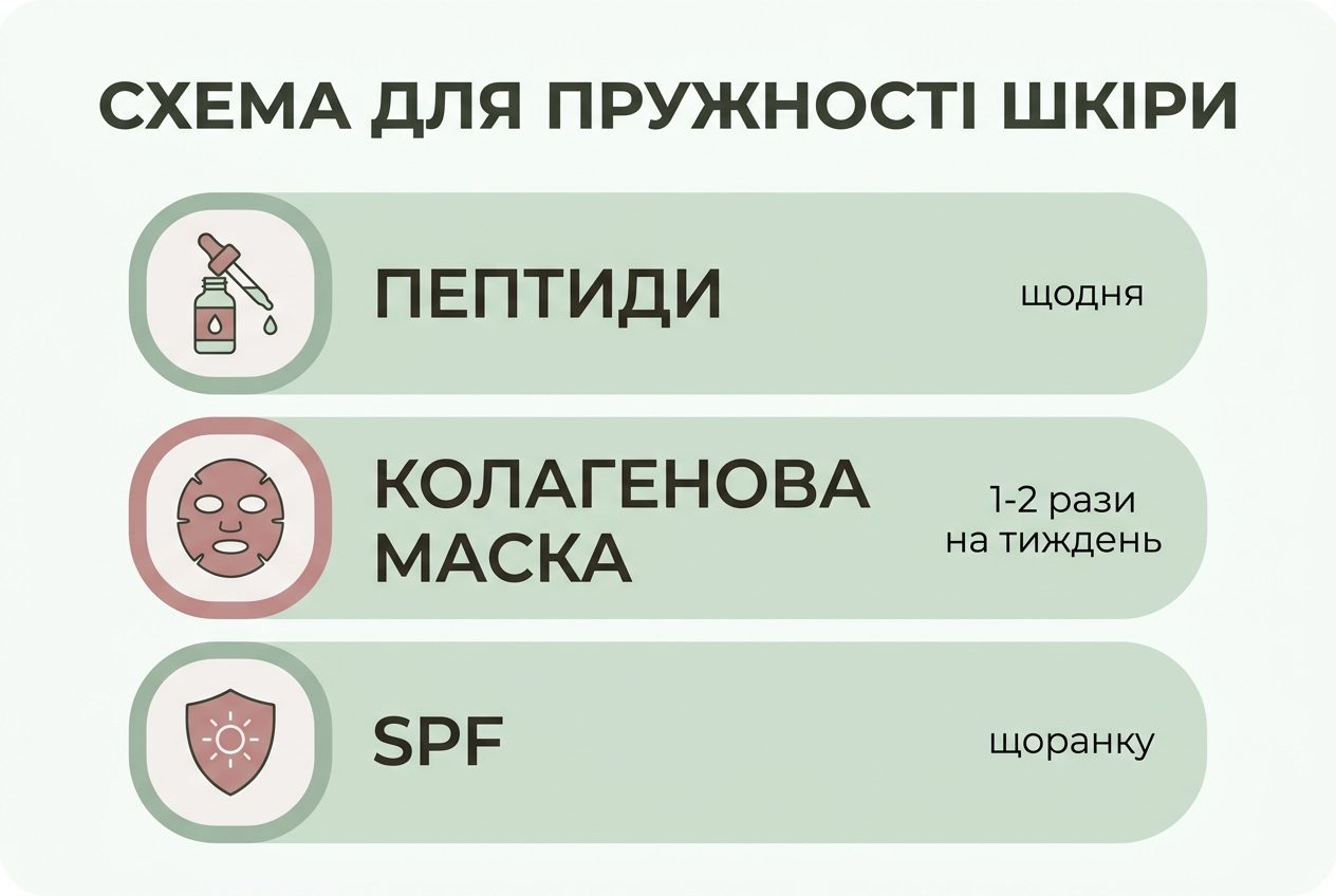 Інфографіка: схема догляду для пружності шкіри — пептиди щодня, маска двічі на тиждень, SPF щоранку