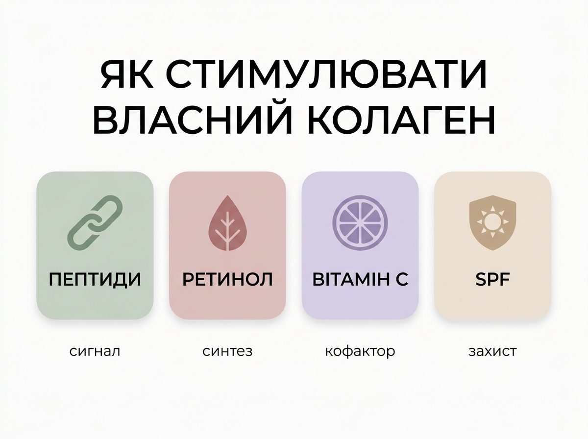 Інфографіка: чотири способи стимулювати власний колаген — пептиди, ретинол, вітамін С, SPF