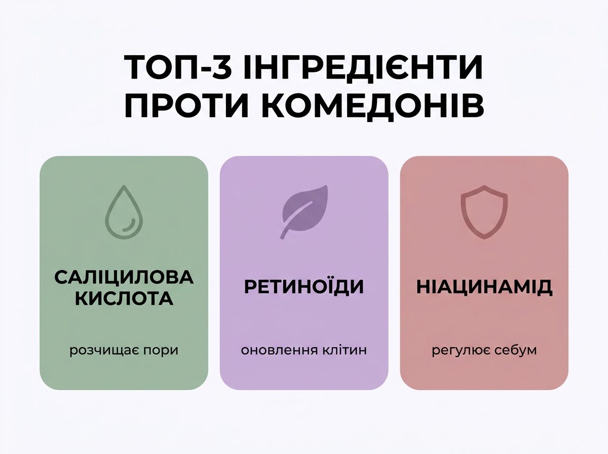 Топ-3 інгредієнти проти комедонів: саліцилова кислота, ретиноїди, ніацинамід
