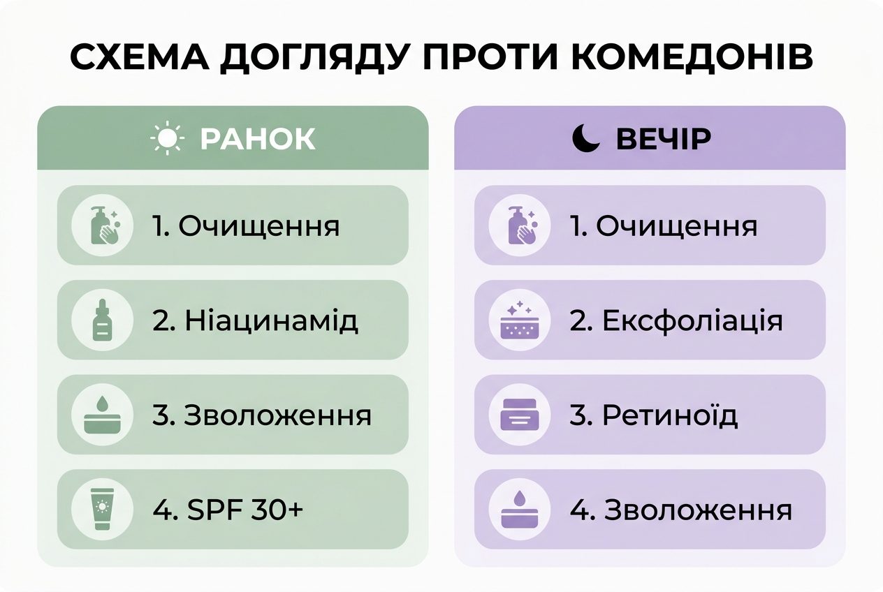Схема догляду проти комедонів: ранкові та вечірні кроки покроково