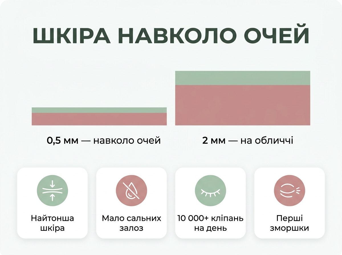 Інфографіка: шкіра навколо очей 0,5 мм проти шкіри обличчя 2 мм та чотири її особливості
