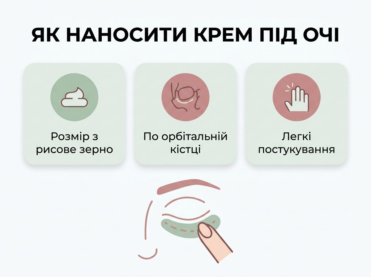 Інфографіка: покрокова техніка нанесення крему під очі подушечками пальців по орбітальній кістці