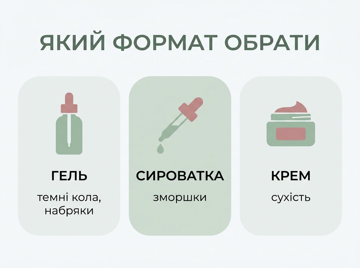 Інфографіка-порівняння: гель, сироватка і крем для очей та проблеми, які вони вирішують