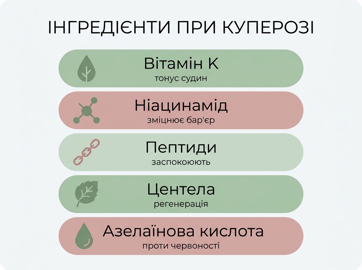 Инфографика ингредиентов для купероза: витамин K, ниацинамид, пептиды, центелла, азелаиновая кислота