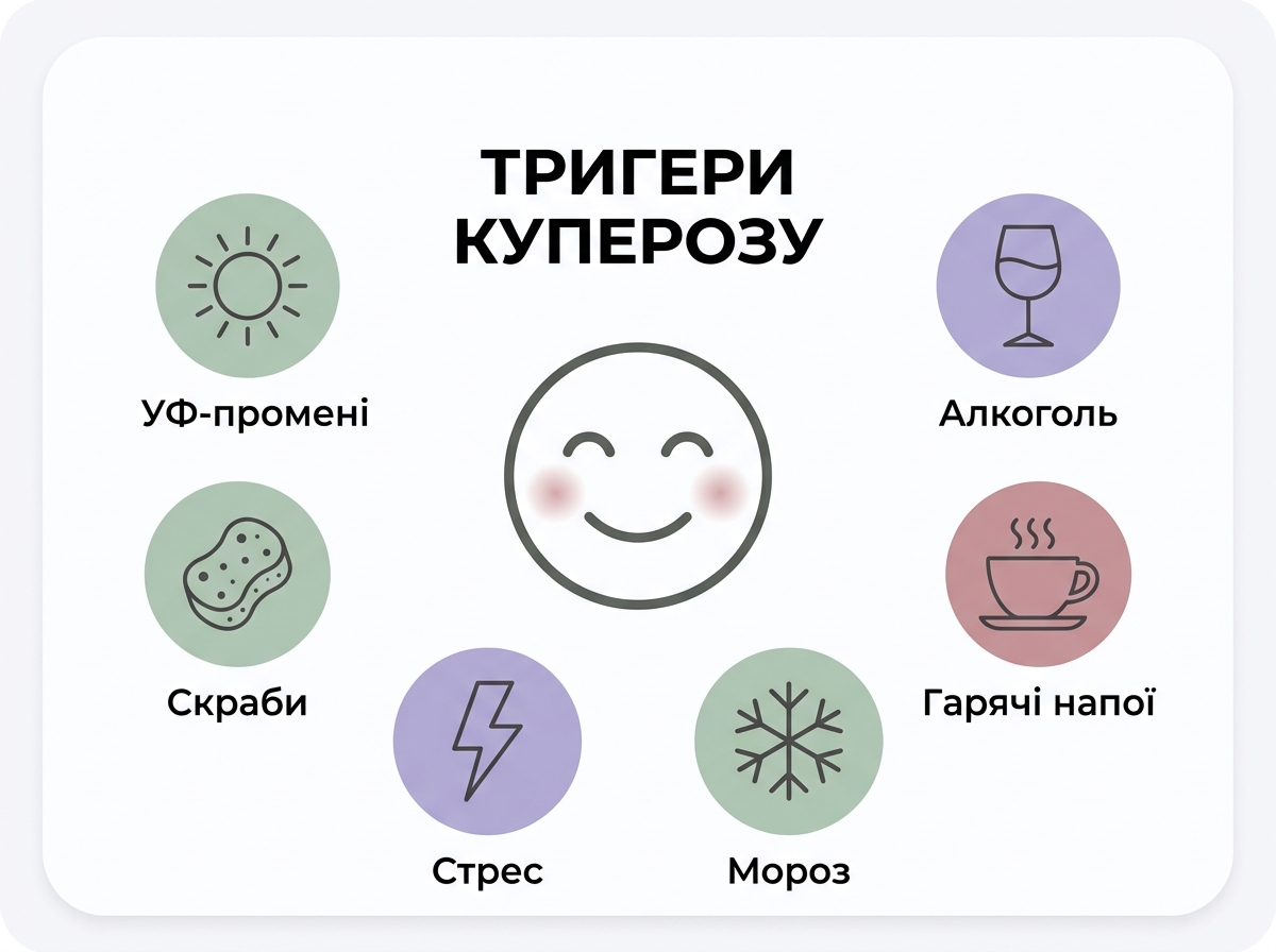 Инфографика с основными триггерами купероза: жара, алкоголь, мороз, стресс, скрабы
