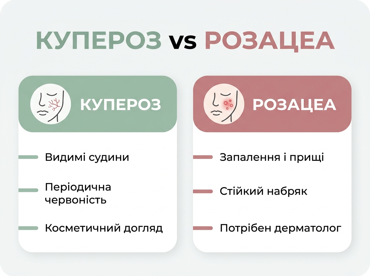 Инфографика: сравнение купероза и розацеа по признакам на лице