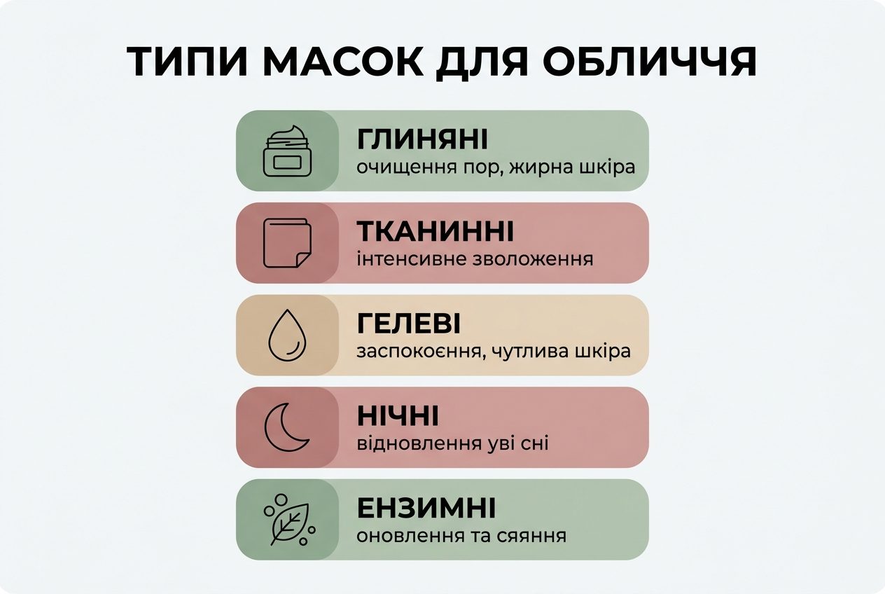 Інфографіка типи масок для обличчя: глиняні, тканинні, гелеві, нічні та ензимні