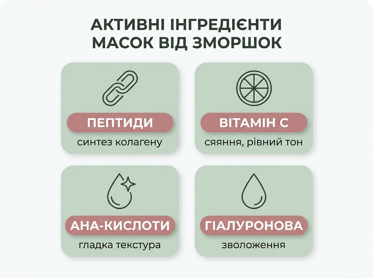 Инфографика: активные ингредиенты масок от морщин — пептиды, витамин С, AHA, гиалуроновая кислота