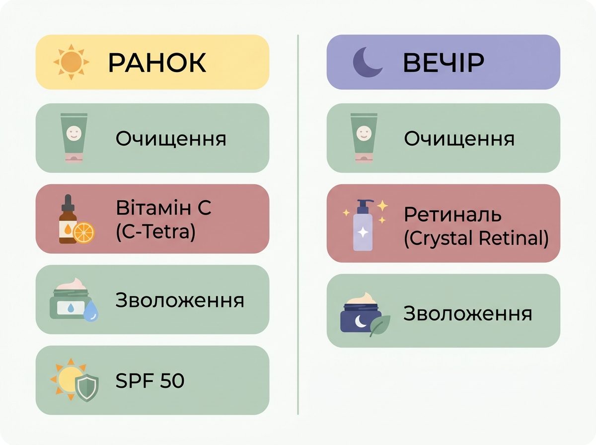 Інфографіка схема догляду Medik8 ранок і вечір з продуктами по кроках