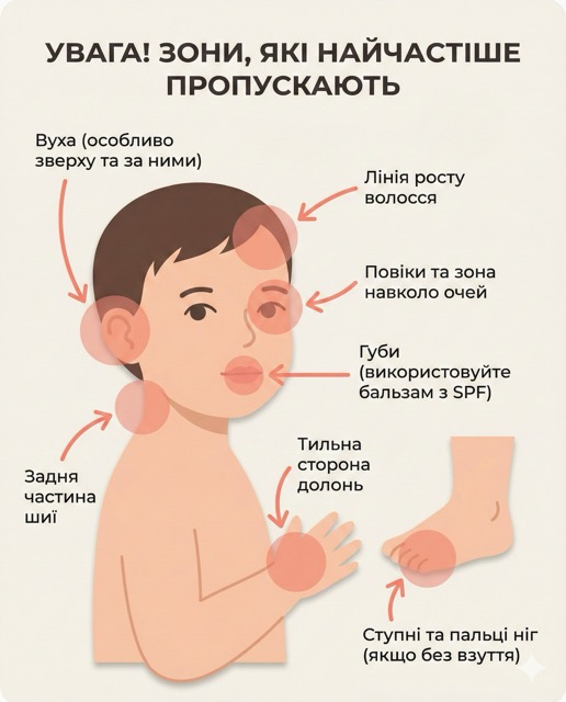 Зони на обличчі та тілі дитини, які найчастіше пропускають при нанесенні SPF
