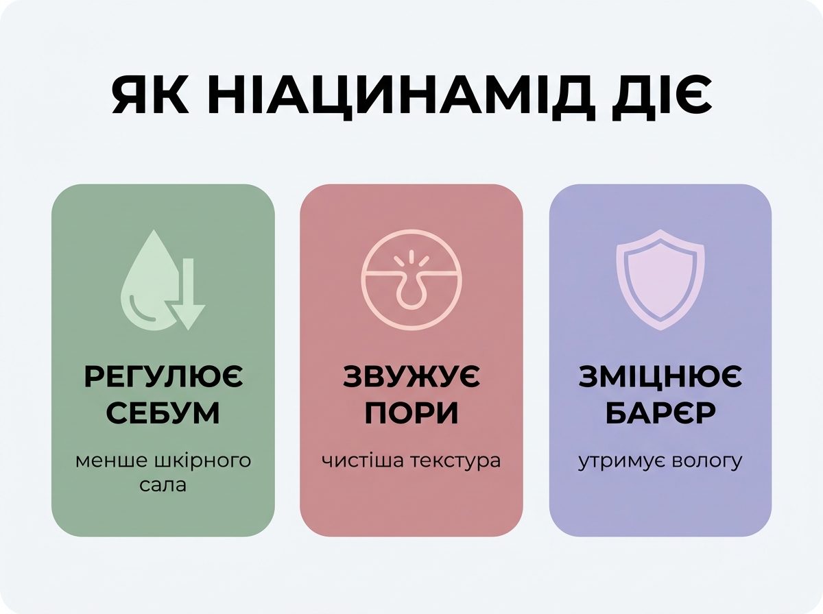 Інфографіка механізму дії ніацинаміду на жирну шкіру: регуляція себуму, звуження пор, зміцнення бар'єру