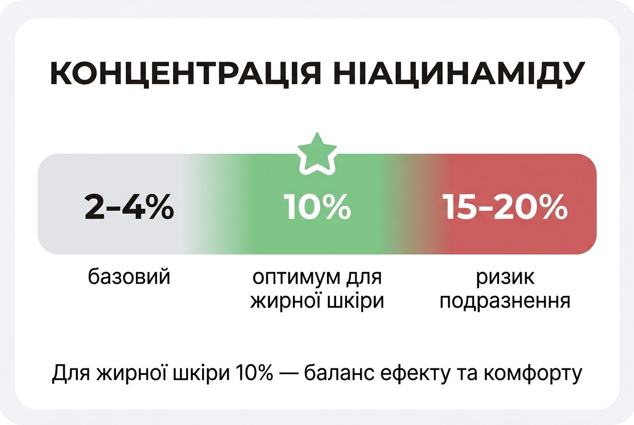 Шкала концентрацій ніацинаміду від 2% до 20% з оптимальною зоною 10% для жирної шкіри