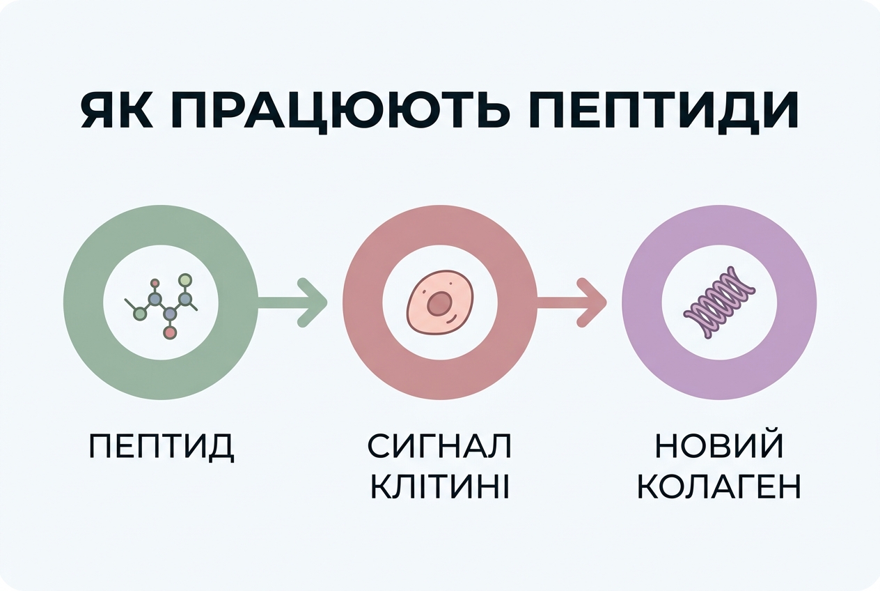 Схема механизма действия пептидов: пептид подаёт сигнал клетке кожи, которая синтезирует новый коллаген