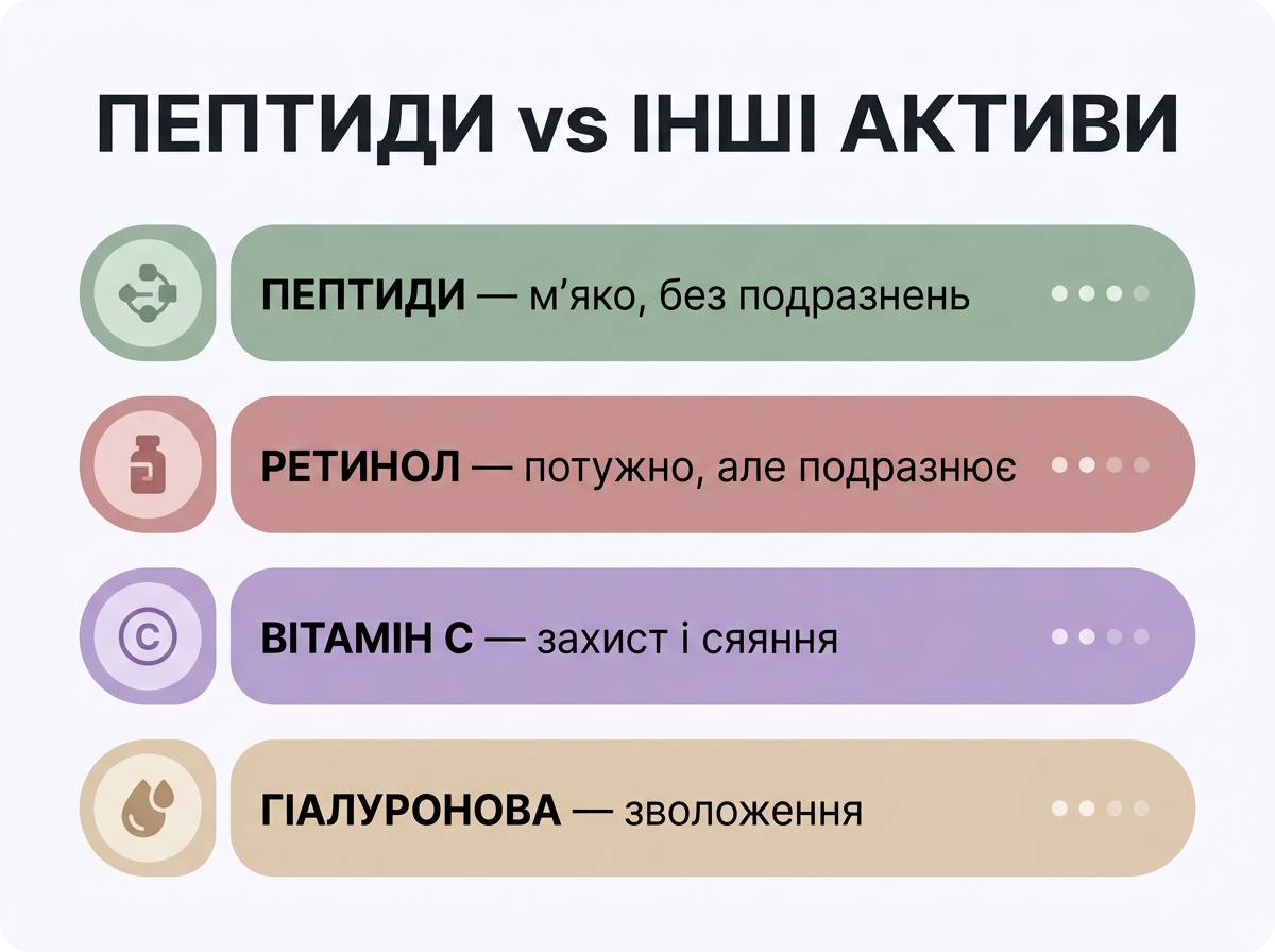 Сравнение пептидов с ретинолом, витамином С и гиалуроновой кислотой по действию и переносимости