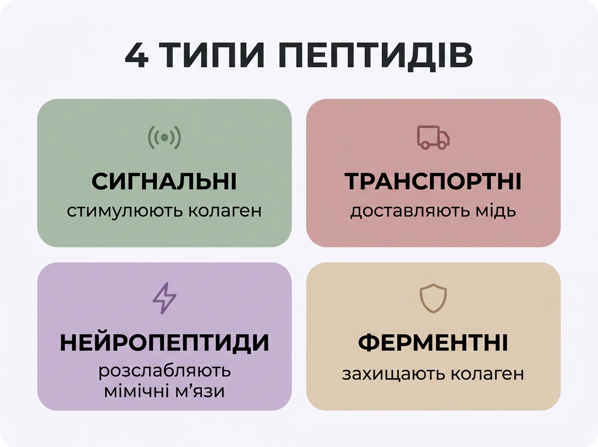 Четыре типа пептидов для кожи: сигнальные, транспортные, нейропептиды и ферментные
